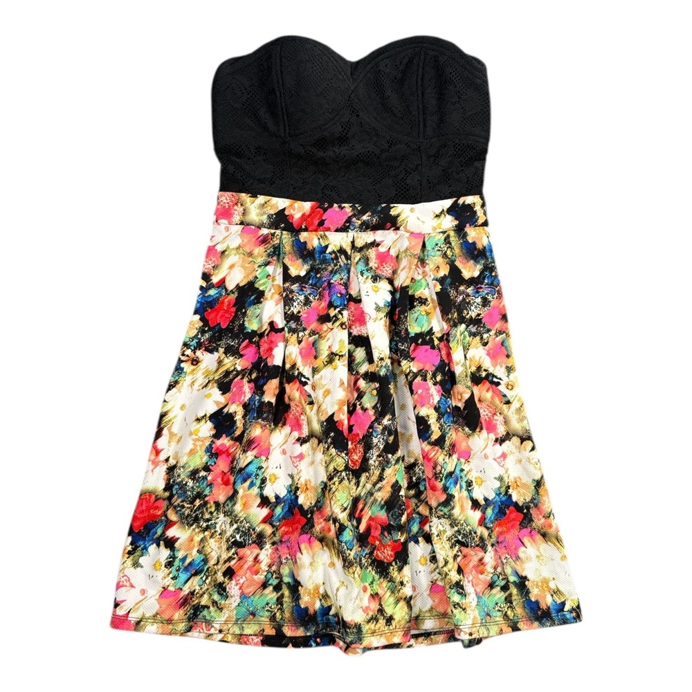 Xhilaration Black Lace Top Floral Pleated Strapless Dress Small